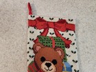 Vintage Needlepoint Christmas Stocking Teddy Bear Presents Bows Red Velvet Back