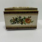 Vintage Gold Tone Floral Lockable With Key Tin Box -hinged Lid  Works 