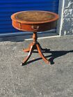 Antique Mahogany Drum Table  Leather Top  Drawer  Saber Legs Brass Paw Feet 27   