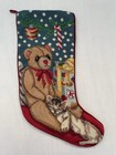 Vintage Needlepoint Christmas Holiday Stocking Teddy Bear Cat