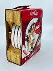 4 Vintage Coca Cola Coasters Stoneware In Wood Container Women Drinking Coke