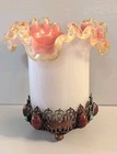 Antique Bohemian Glass Vase  Ruffled Rim  Jeweled Filigree Mount