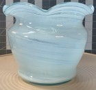 Vintage Hand Blown Art Glass Vase Blue White Swirl Ruffled Rim Fluted