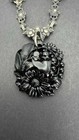 Antique Sterling Silver Czech Molded Glass Necklace Black Floral Pendant Art Dec