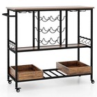 Rustic Brown 3 Tiers Bar Cart Home Serving Cart On Wheels With Glass Racks Wine