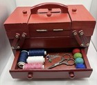 Wood Cantilever Sewing Box 7 Compartment Accordion Storage Case Red