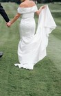 White Off-shoulder Sheath Wedding Dress W  Train  Beaded Waist  Button Back