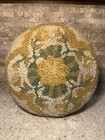 Vtg Hook Rug Footstool Round Floral Yellow  Grn  Cream Ottoman Turned Wood Legs