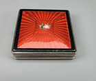 Vintage Red Rose Guilloche Powder Compact Mirror Silver Tone Empty