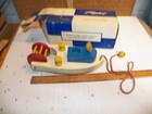 Vintage 1950 s Playskool Wooden Toot N  Pull Boat W  Original Box