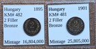2 Nice Old Hungary 2 Filler Coins 1895   1901 Vintage World Foreign   