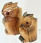 Vintage Folk Art Owls Holders Hand Carved Wood Figures Rustic Glass Eyes Birds