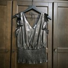 Nine West Metallic Gunmetal Double V Smocked Ruffle 70s Disco Party Glam Small