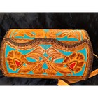 Vintage Large Turquoise   Red Western Tooled Leather Bag W  Shoulder Strap