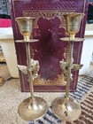 Vintage Pair Of Brass Cherub angel Taper Candle Holders  Harp  Lute  India  7 5   