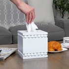 Beaded Tissue Box Cover  Square White  Rustic Farmhouse Wood Tissue Holder