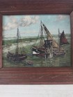Antique Maritime Oil Painting Sailing Boats Harbor Scene Wood Frame Seascape Art