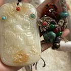 Natural Jade Caishen Figurine Inlaid Gemstone Carved Statue Collectible