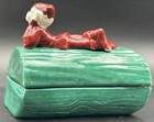 Vintage Gilner California Pottery Red Elf Pixie Green Log Lidded Trinket Box