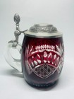 Mid Century Vintage Red Cut Glass Stein W Pewter Lid Decorative Bar Mug