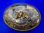 Three Horse Head Huge 5  Two Tone Trophy Style Western Rodeo Cowboy Belt Buckle