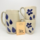 Williamsburg Pottery Salt Glaze Pitcher 2 Mugs Cobalt Floral Stoneware Va Set