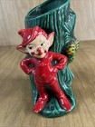 Vintage 1950s Ceramic Pixie Elf Tree Stump Planter Pinecones Mid Century 6   