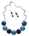 Blue Round Glass Bead Necklace And Dangle Earrings Jewelry Set Silver Plated