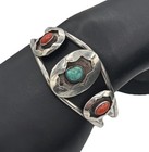 Vintage Sterling Silver Turquoise   Coral Cuff Bracelet     Southwestern Navajo