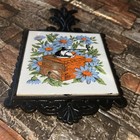 Vintage Coffee Mill W  Flowers Motif Footed Cast Iron Tile Trivet 9 5x5 Inch