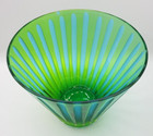 Vintage Green Glass Bowl Hand Blown Fluted Vase With Etched Blue Striped Pattern