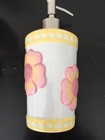 Yellow   Pink Flower Bloom   3 Pc Bath Set Ceramic Soap  Dispenser  Tumbler New