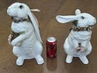 Set Of 2 Large White Ceramic Bunny  Rabbits W flowers - 15    Tall   13    Tall