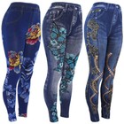 Womens Floral Fake Jeans Leggings  High Waist Slim Pencil Stretch Denim Jeggings