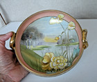 Antique Nippon Hand Painted Moriage Bowl W Handles Flowers Lake Trees Gold 6 5 