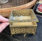 Vtg Gold Filigree Jewelry Box Beveled Glass Casket Ormolu Footed