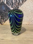 Vintage Cobalt Blue W  Yellow-green Pulled Feather Italian Art Glass Vase 9 1 2 