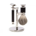 3-piece Safety Razor And Badger Brush Shaving Set With Black Accent On Chrome St