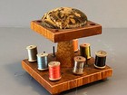 Antique Arts   Crafts Sewing Caddy Spool Holder Birdseye Tiger Maple Pin Cushion