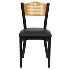 Black Slat Back Metal Restaurant Chair - Natural Wood Back  Black Vinyl Seat