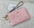 New Coach Corner Zip Wristlet Signature Canvas With Charm Gold Powder Pink Cef72