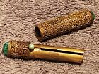 Old Antique Metal Filigree   Green Glass Lipstick Holder - Vanity