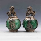 Exquisite Chinese Silver Dragon Inlaid Green Jade Hand Carved Pair Lion Statue