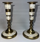 Vintage Pair Brass   Mother Of Pearl Candle Stick Holders Decor 5 75 h X 3   w