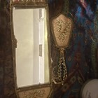 Vintage Brass Filigree Petit Point On Silk Mirror And Brush Vanity Set