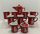 Nescafe Clasico 10 Piece Coffee Pitcher  7 Mugs  Sugar   Creamer Collectible Red