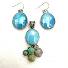 Blue Glass Jewelry Set Pendant Necklace   Earrings With Chain 18    Handcrafted