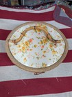 Vintage Wicker Sewing Basket Box Rattan Satin Lining Handle Floral Yellow 60s