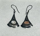 Vtg Dangle Earrings Sterling Silver Fan Shape Mother Of Pearl Inlay French Wire 