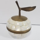 Vintage Apple Trinket Box Mother Of Pearl Brass Inlay Gold White Trinket Decor
